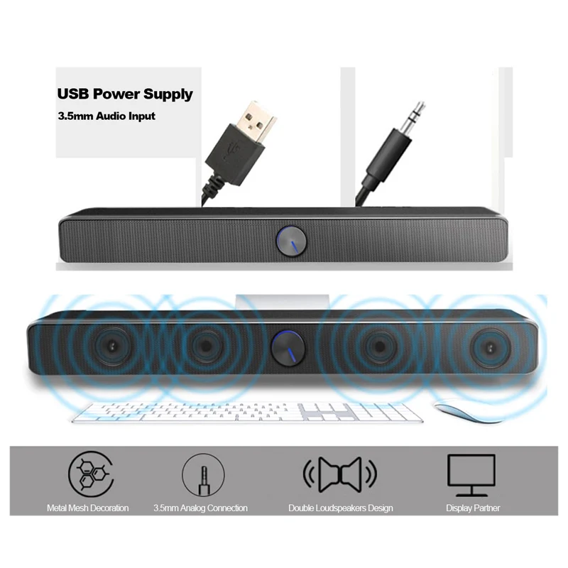 

USB Wired PC Speaker SoundBar Subwoofer Music Player Bass Surround Sound Box 3.5mm Audio Input for PC Laptop Smartphone MP3 MP4