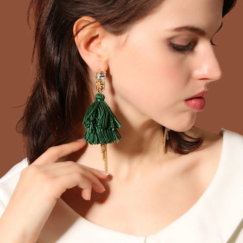 

Green & Black Cotton Thread Chain Long Tassel Earrings Handmade Statement Ethnic Earrings Jewelry for Women
