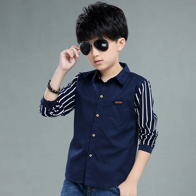 Полосатые рубашки для мальчиков, одежда топы для детей, лоскутные школьные блузки с буквенным принтом для мальчиков весенне-осенняя одежда для детей 4, 6, 8, 10, 12 лет - Цвет: navy blue