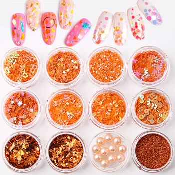

12 Pcs Orange Series Mix Snowflake Heart Star Nail Sequins Shining Nail Glitter Powder Rhinestone Tips Nail Art Decoration
