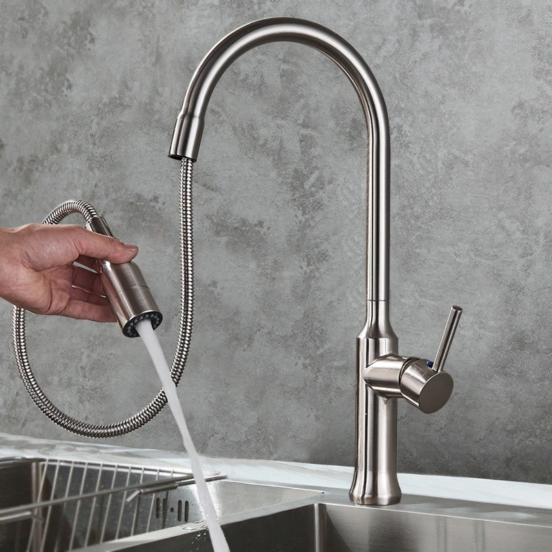 

Uythner Brushed Nickle Kitchen Faucet Pull Out 2-Function Switch Swivel Spout Sink Mixer Tap Single Handle Deck Mount Hot Cold