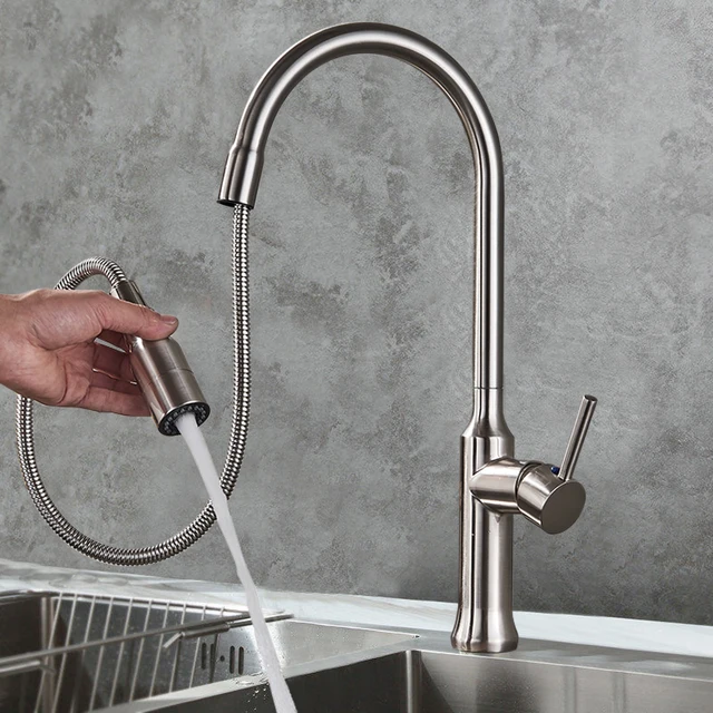 Cheap Uythner Brushed Nickle Kitchen Faucet Pull Out 2-Function Switch Swivel Spout Sink Mixer Tap Single Handle Deck Mount Hot Cold Cheap Uythner Brushed Nickle Kitchen Faucet Pull Out 2-Function Switch Swivel Spout Sink Mixer Tap Single Handle Deck Mount Hot Cold