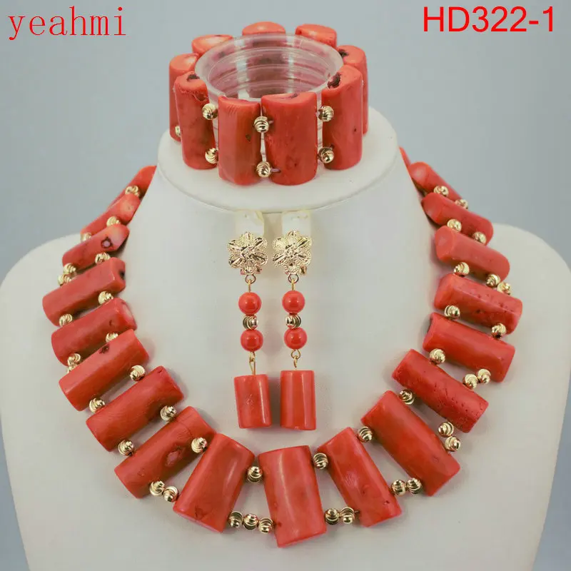 Прекрасный цвет золотистый африканские коралловые бусины комплект ювелирных изделий ожерелье Нигерийским бисером африканская бижутерия комплект HD322-1
