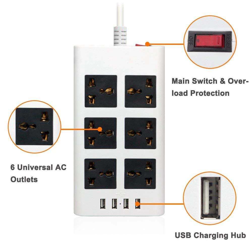 Плоская силовая лента Защита от перенапряжения с автоматическим выключателем 6 универсальных розеток переменного тока 2500 Вт штепсельная вилка стандарта ЕС/Великобритании/США с 4 USB зарядным портом