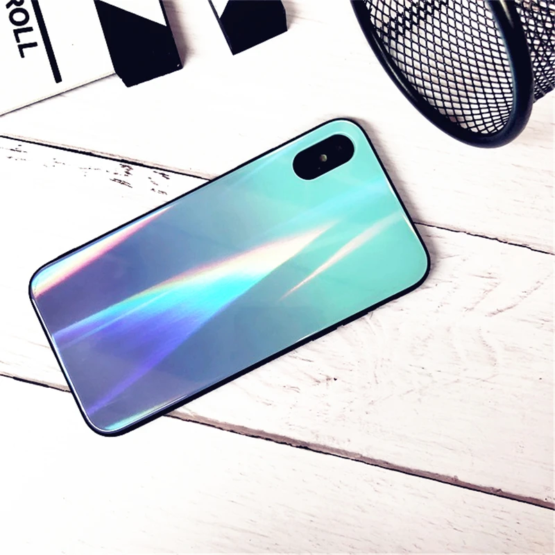 BONVAN For iPhone X 7 8 Plus Tempered Glass Back Case Gradient Color Laser Aurora Silicone Bumper For iPhone 7 6S 8 6 Plus Cover25