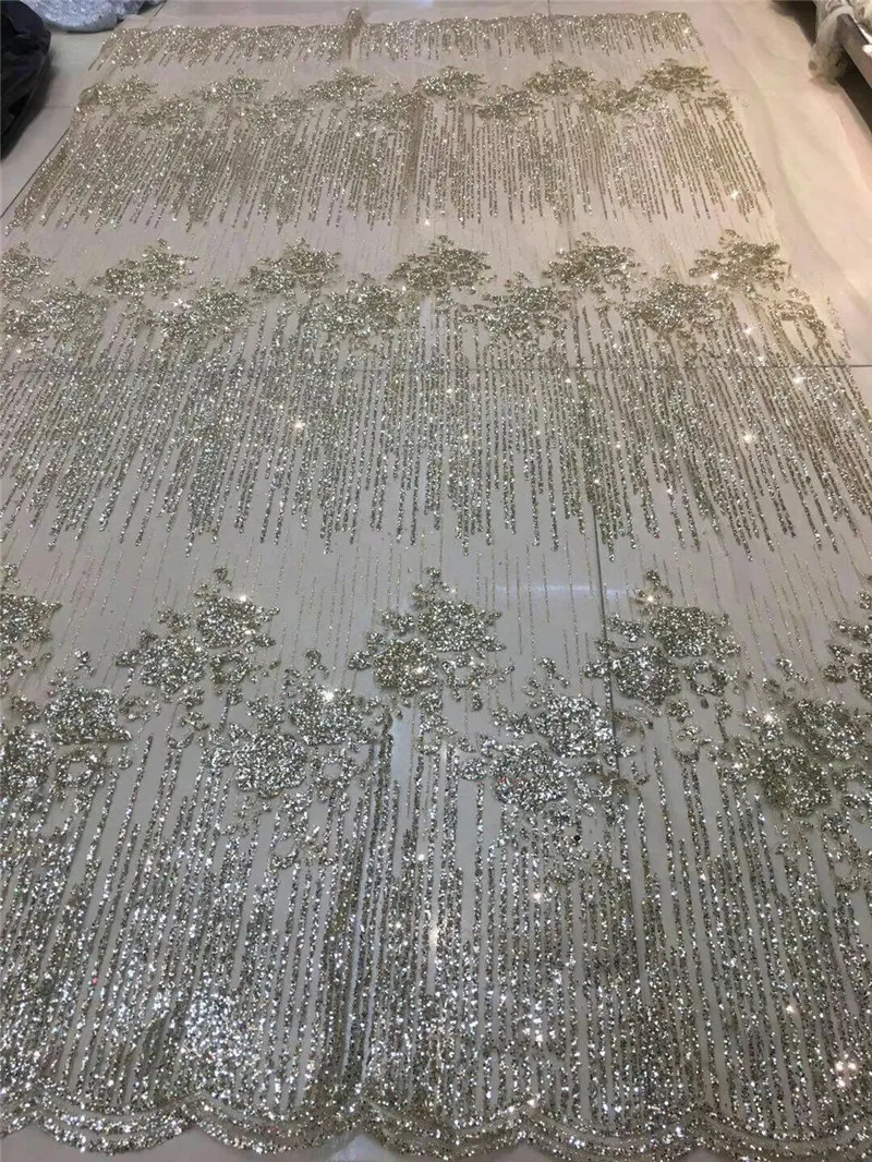 

Gold silver color bridal french net lace fabric for wedding dress glued glitter beads sequins lace fabric H-181015