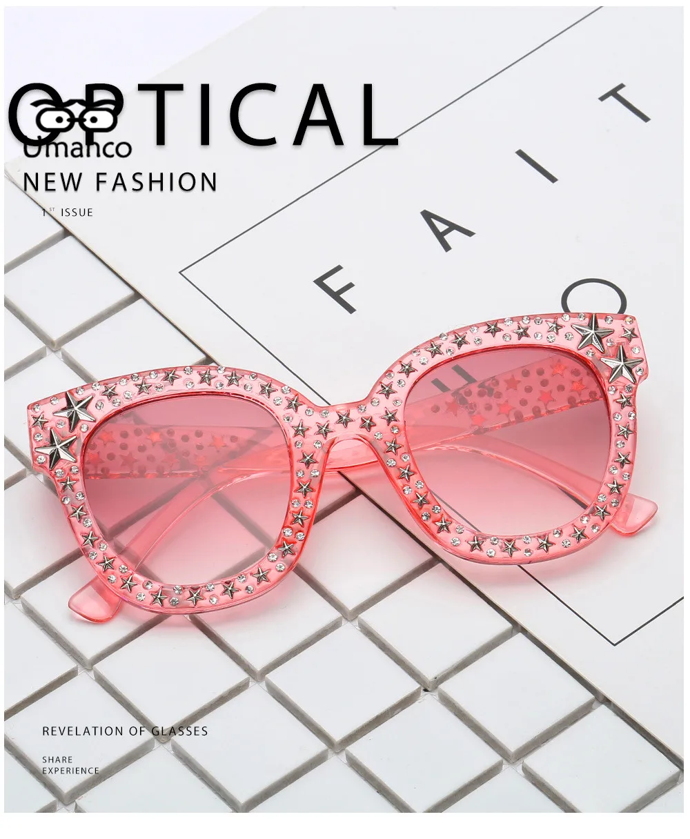 Umanco НОВЫЕ шикарные Звездные Солнцезащитные очки со стразами, женские зеркальные круглые линзы, брендовые дизайнерские модные дорожные очки