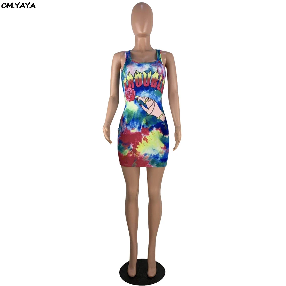 Новинка, женское летнее платье, с принтом "tie dye galaxy", без рукавов принт буквы, облегающее платье миди, выше колена, мини модные платья GLL8052 - Цвет: Многоцветный