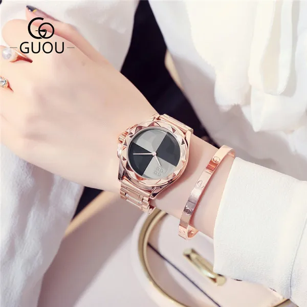 GUOU водонепроницаемые женские часы Роскошный чехол из розового золота с большим циферблатом стальной ремешок Женские кварцевые наручные часы для девушек женские часы - Цвет: Black