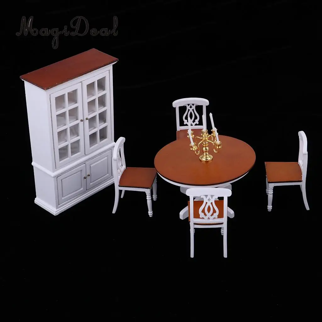 European Style 1/12 Wooden Table Chair Wine Cabinet Furniture for Dolls House Dining Room Decor Accessories