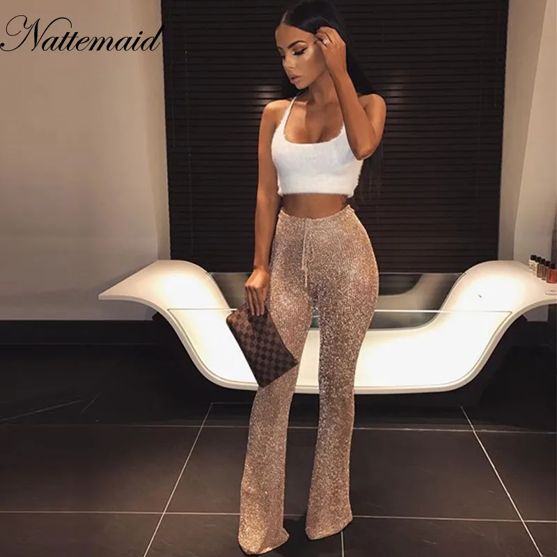 

NATTEMAID Women Loose Wide Leg Pants Lace Hollow Out Trim HighElastic Waist Female Sot Summer Wear Casual Trousers