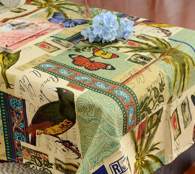 Tropical Plants Cotton Tablecloth Birds and flowers Thick Canvas Print