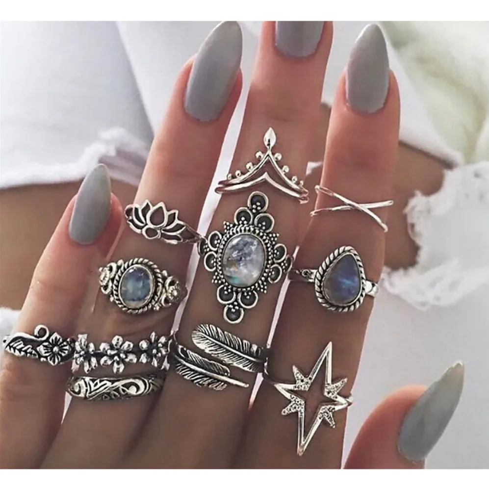 R-228 25 styles Bohemian Retro Crystal Flower Elephant Hollow Lotus Gem Silver Ring Set Women Wedding Anniversary Gift - Цвет основного камня: R-228