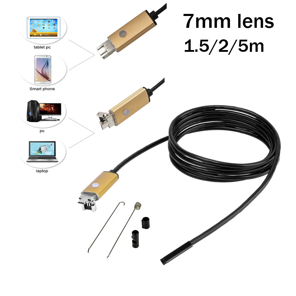 Новый 7 мм объектив 1 м 1,5 м 2 м USB кабель Водонепроницаемый 6LED Android эндоскоп 1/9 CMOS, USB эндоскоп бороскоп камера для осмотра внутренней