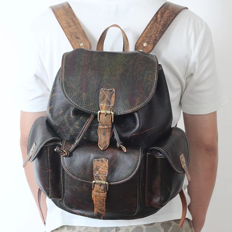 2017 Unisex Genuine leather school backpack vintage cow leather travel knapsack hand coloring high quality coffee cowhide pack