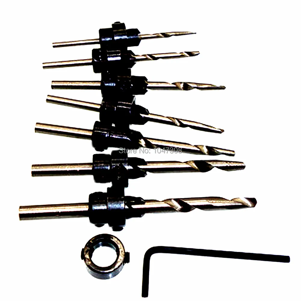 7pcs Tapered Drill Bit Countersink Depth Stop Collar Hex Key Wood Screw