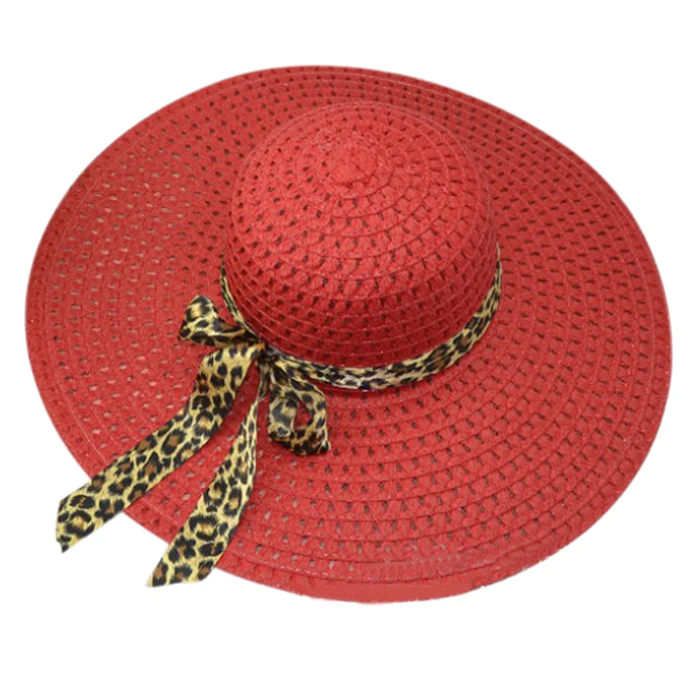 Красный Лето Изысканный Leopard Bowknot Ленты Оформлен Ажурные Вс Hat Для Женщин
