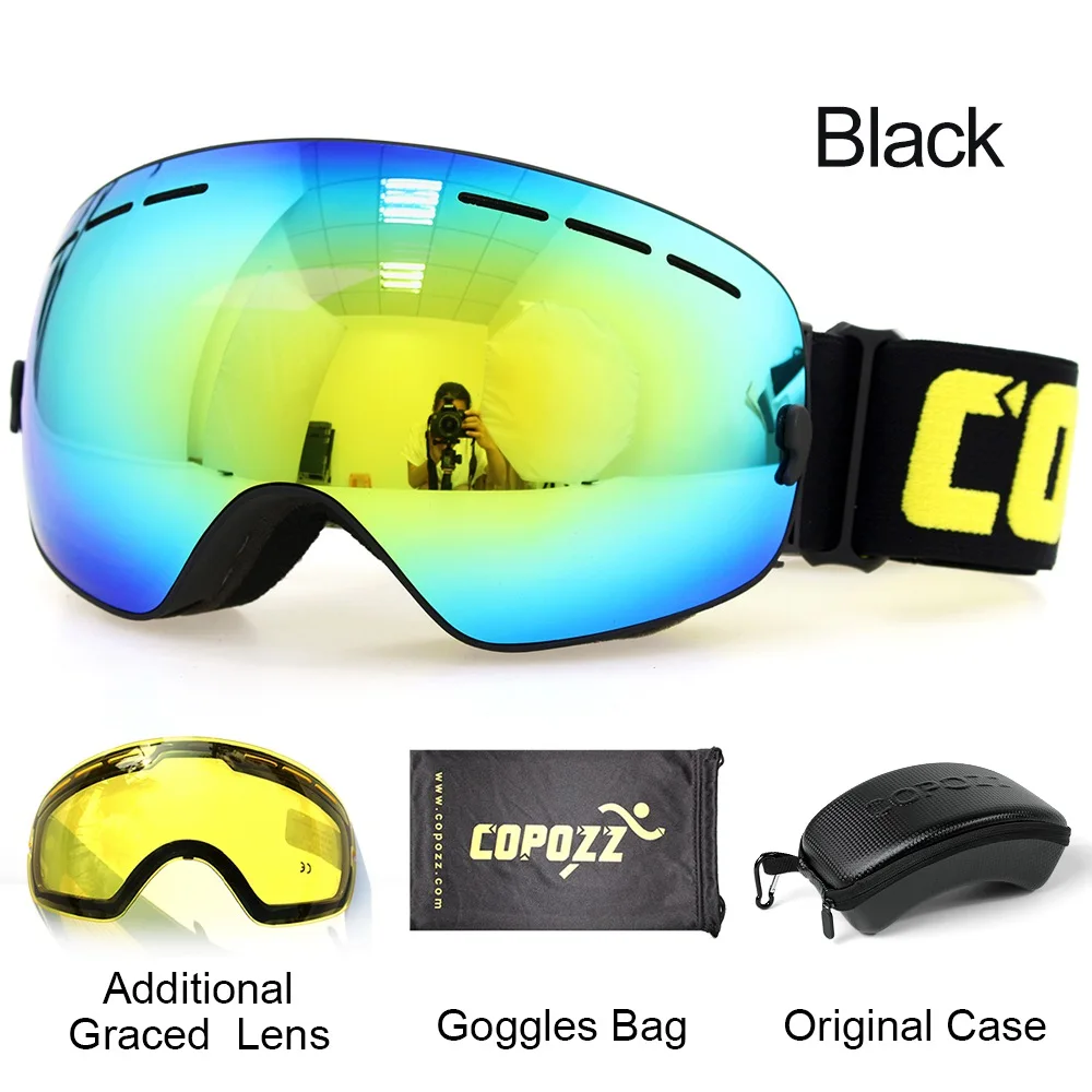 COPOZZ Ski Goggles with Case & Yellow Lens UV400 Anti-fog Spherical ski glasses skiing men women snow goggles + Lens + Box Set