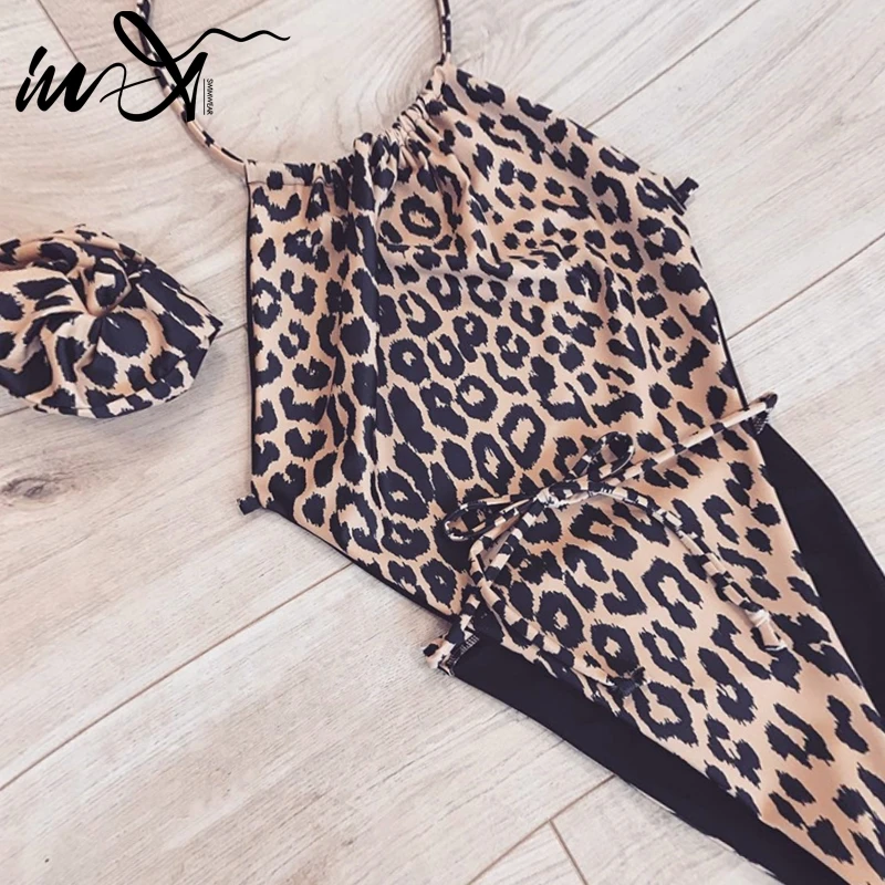 

In-X Tie swimsuit one piece Sexy leopard print bikini 2019 Halter top Backless swimwear owmen Bodysuit String monokini female