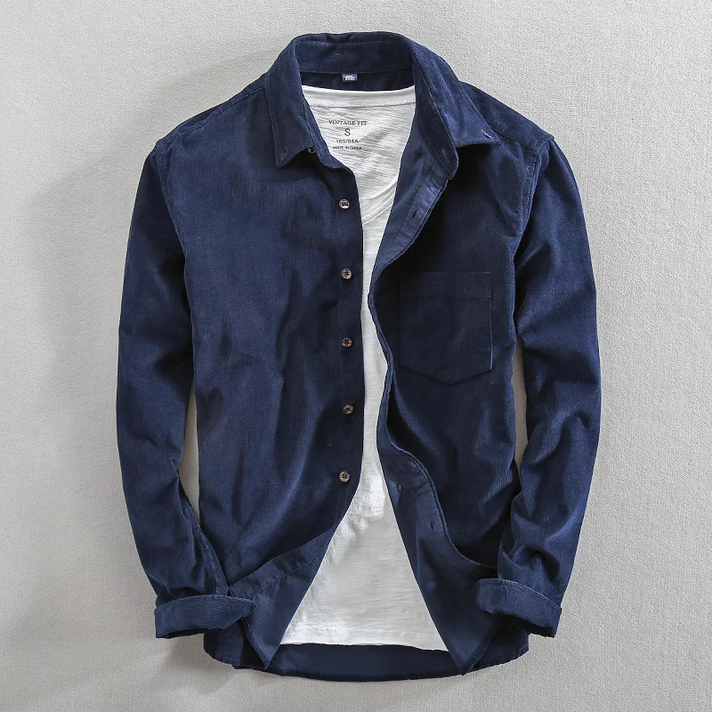 Beste Mannen Lente En Herfst Mode Merk Japan Stijl Vintage Effen Kleur Corduroy Overhemd Mannelijke Toevallige Dunne Katoenen Lange Mouwen Shirts
