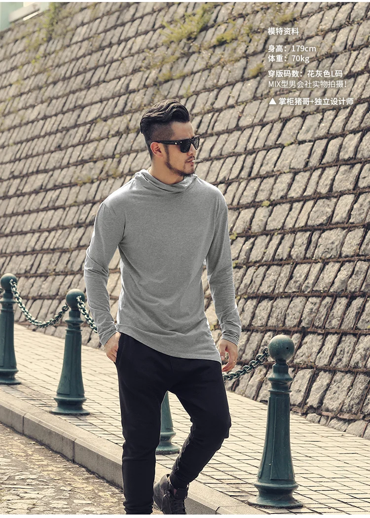 Men Autumn New European Style High Collar Long Sleeve Hooded T-shirt with Cap Men Slim Casual Cotton Irregular T-shirt T908 HTB1Mpn6XzDuK1Rjy1zjq6zraFXaP - Men Autumn New European Style High Collar Long Sleeve Hooded T-shirt with Cap Men Slim Casual Cotton Irregular T-shirt T908