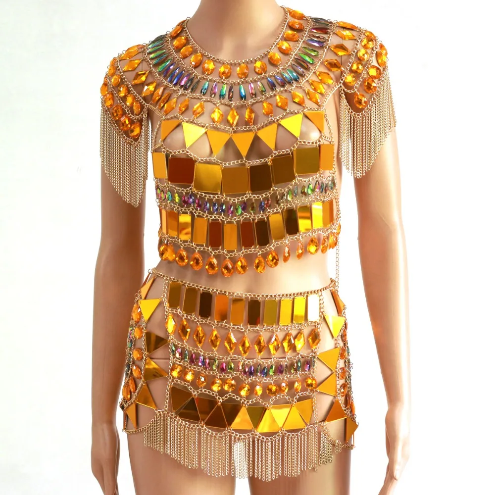 

New Novelty Sexy Women's Gold Silver Metal Chain Tanks 2018 Ladies Hollow Lace Up Club Party Mujer Sparkly Mini Dress Tops Sets