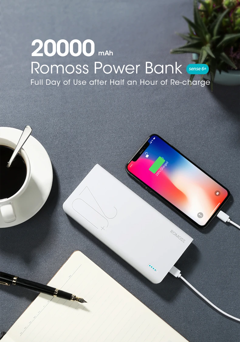 ROMOSS Sense6+ power Bank 20000 мАч 18 Вт QC3.0 Внешняя батарея резервного питания Поддержка Lightning type-c Быстрая зарядка для iPhone 8/X