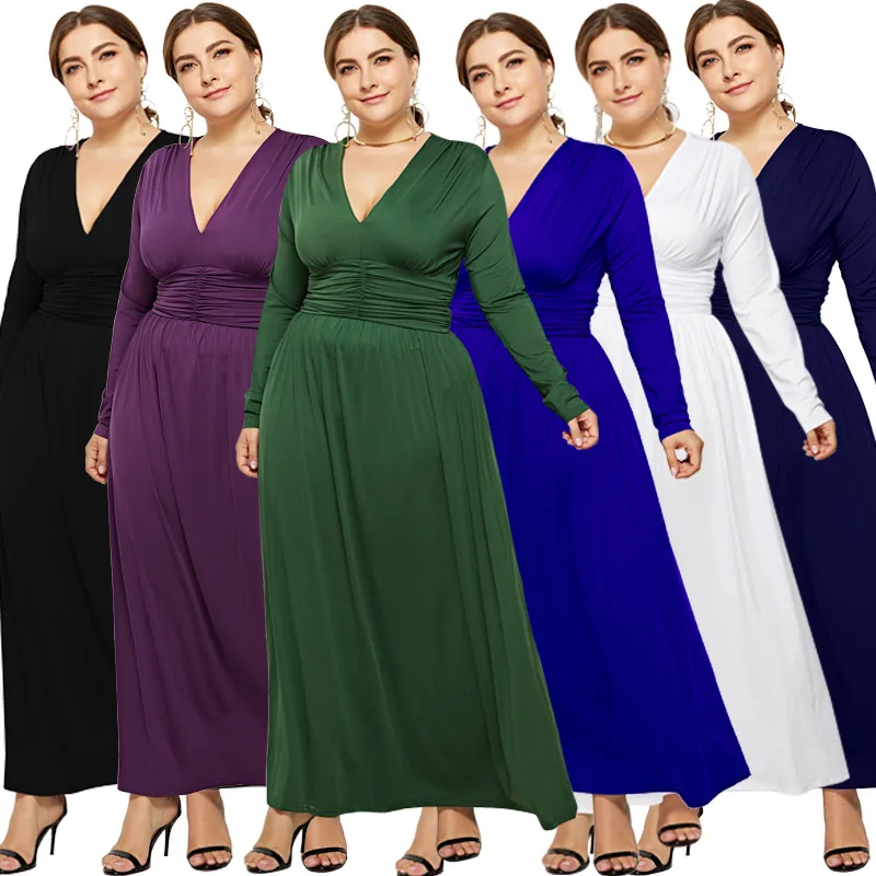 

Elegant Women Robe Spring 2019 Long Sleeve V-neck Sexy Maxi Dress High Waist Loose Plus Size Women Clothing Stretch Long Dress