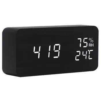 

Digital Wood Alarm Clock LED Display Voice Control Time Date Temperature Display DC120