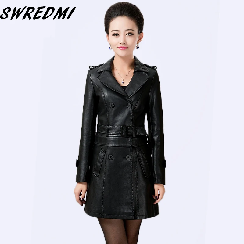 SWREDMI длинные женские кожаные куртки, верхняя одежда, пальто, кожаная одежда, рабочая одежда, M-4XL, модная куртка, кожаный Тренч
