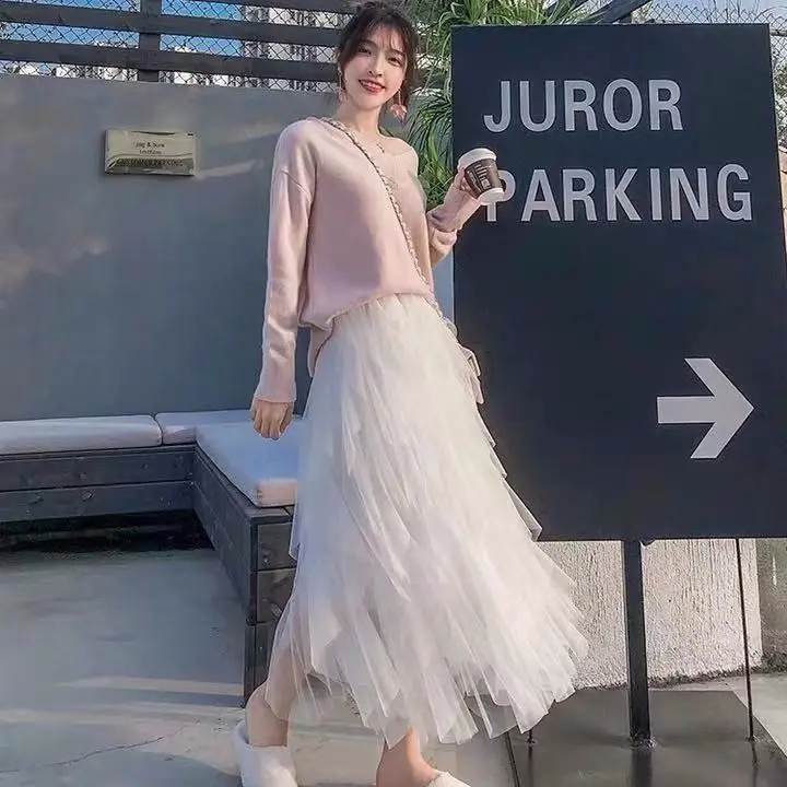 Vangull Tutu Tulle Skirt Women Long Maxi Mesh Skirt 2019 New Spring Summer Korean Black Pink High Waist Pleated Skirt Female