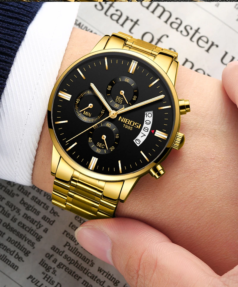 NIBOSI Men Watch Chronograph Sport Mens Watches Top Brand Luxury Waterproof Full Steel Quartz Gold Clock Men Relogio Masculino (10) - 