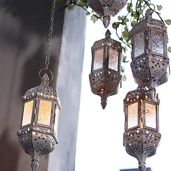 

Home Decor Vintage Metal Hollow Glass Moroccan Hanging Cheap Candle Holder Decor Lantern Matching Block Candle Small Tealight