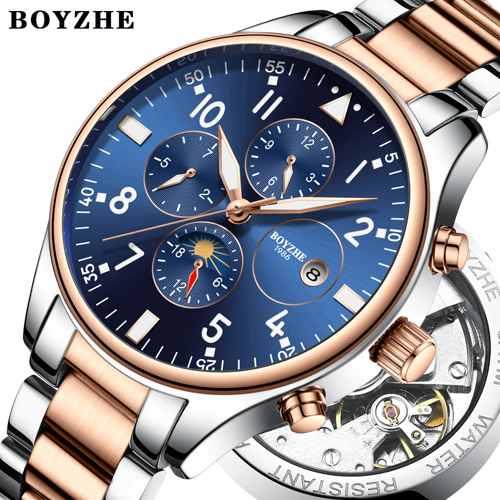 

Fashion Hollow Automatic Mechanical Watch Men Top Brand Luxury Stainless Steel Business Watch Men Moon Phase relogio masculino