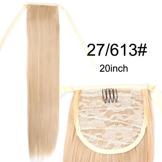 Leeons 20'' Synthetic Ponytail Hair pieces Heat Resistant Fiber Straight Ribbon Clip In Hair Extension 21 colors Brown Black 27 613 Drawstring