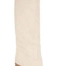 Модные женские сапоги до колена; замшевые кожаные сапоги; женские ботинки на не сужающемся книзу массивном каблуке; белые кожаные сапоги; женская обувь для вечеринок на деревянном каблуке