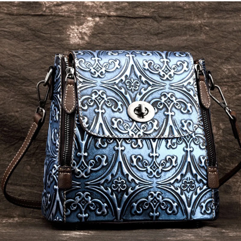 Женская сумка из натуральной кожи, маленькая, тисненая, сумочка, для отдыха, с цветным клапаном, Женская Ретро сумка через плечо, на одно плечо, сумки-мессенджеры - Цвет: Blue