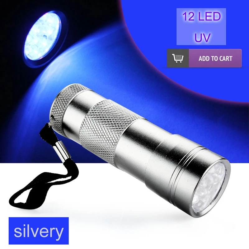 Black/Silver 12 LED Mini Pocket UV Flashlight Ultra Violet Lamp Torch