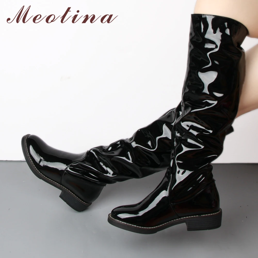Meotina Knee High Boots Women Patent 