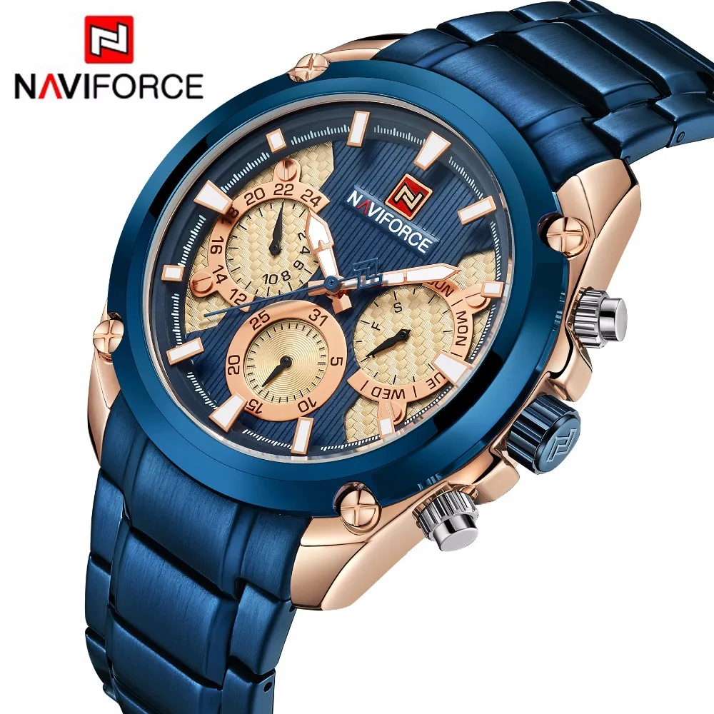 Top Brand NAVIFORCE Luxury Blue Gold Watches Men Fashion Sport Quartz Watches Full Steel Waterproof Watch Relogio Masculino 9113