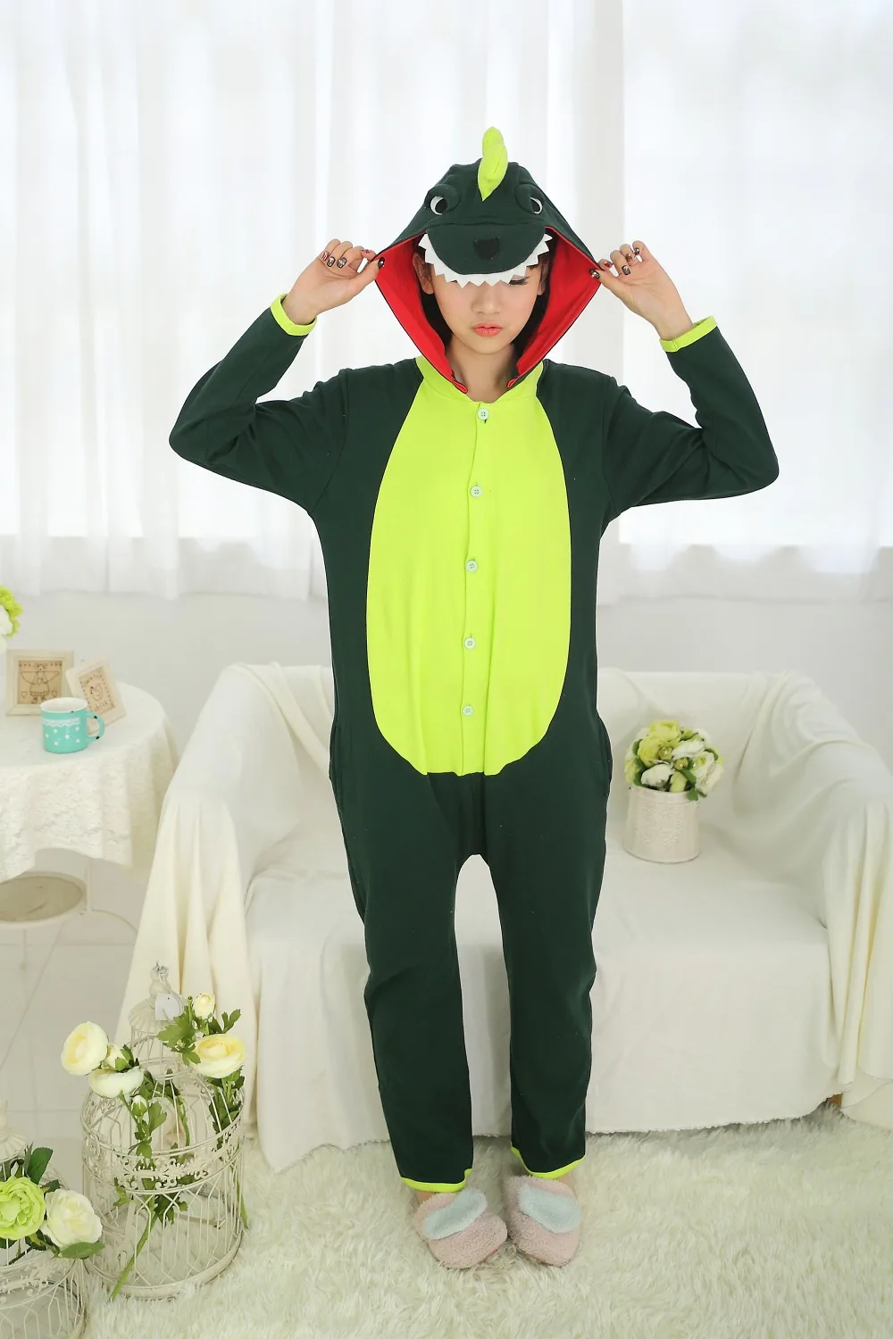 Adults Flannel Green Pink Dinosaur Animal Pajamas Hooded Cosplay Unisex Pajamas Sets Party Cute