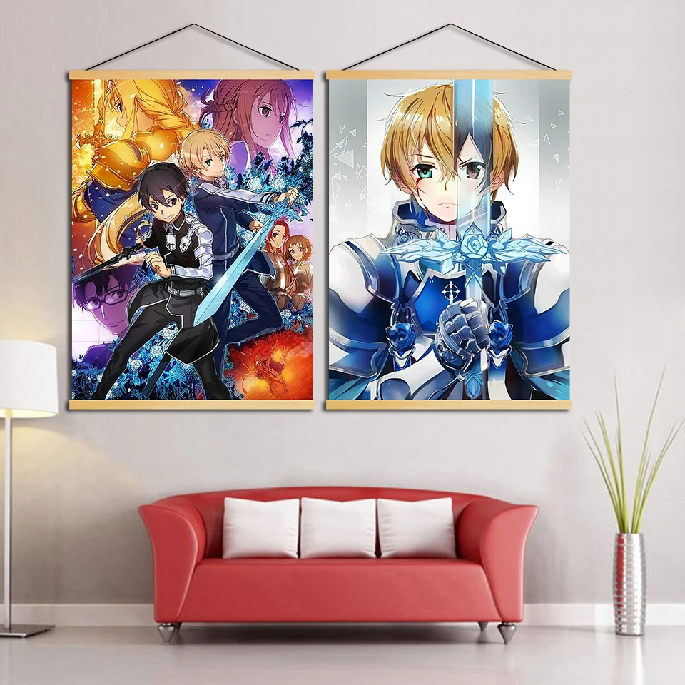 Nordic-Scroll-Modern-Animation-Sword-art-Online-game-Wall-Art-Picture-Canvas-Solid-Wood-Hanging-Painting