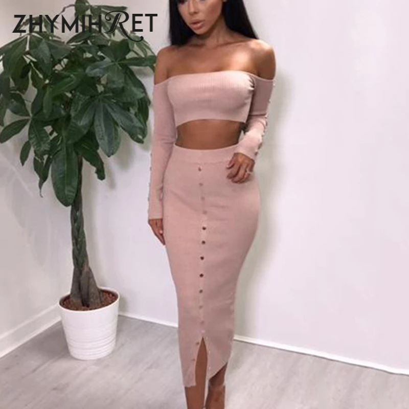 

ZHYMIHRE Fall Two Pieces Set Dress Women Slash Neck Crop Top Long Sleeve Off Shoulder Ribbed Dress Winter Buttons Split Vestidos