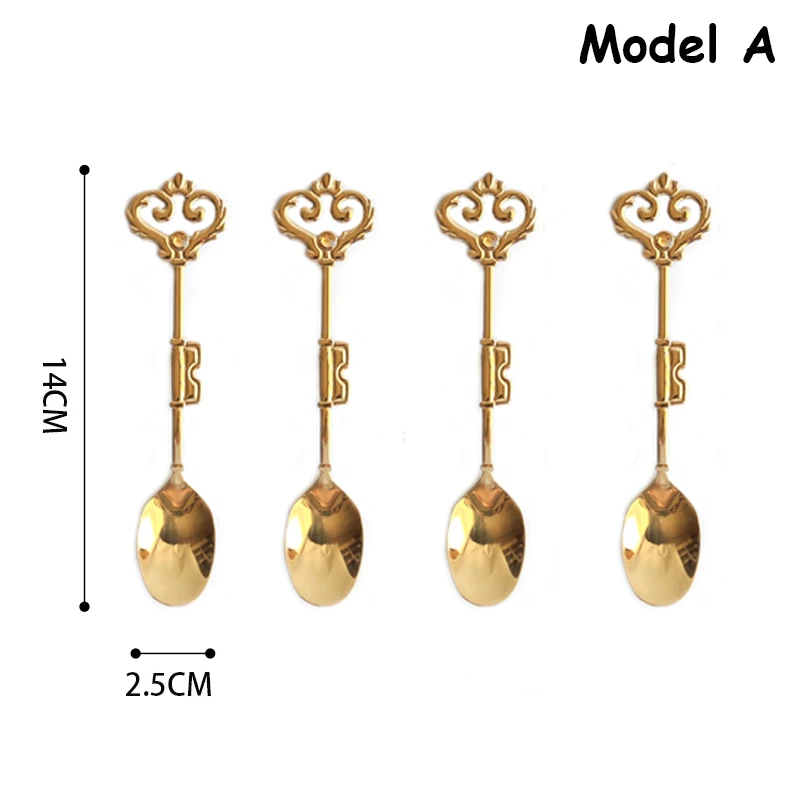 Европейская Корона, кофейные ложки, Десертные Вилки, золотые столовые приборы Vintange, послеобеденные ложки для чая, фруктовые вилки, столовые приборы, рождественский подарок, 4 шт - Цвет: Model A
