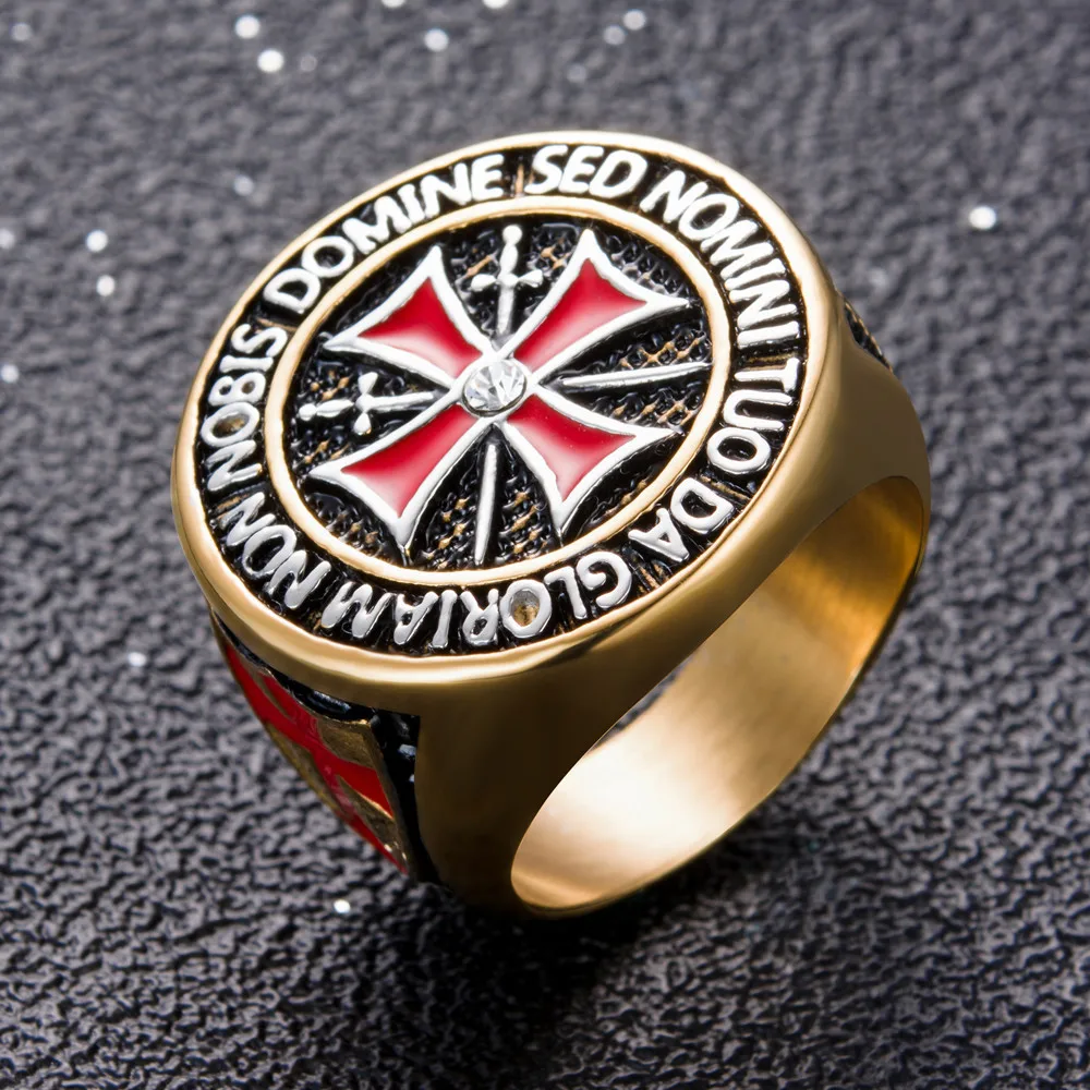 

US Size 7 to 15 Stainless Steel Retro Iron Knights Templar Ring Men Red Enamel Cross Ring Cubic Zirconia Men Gift