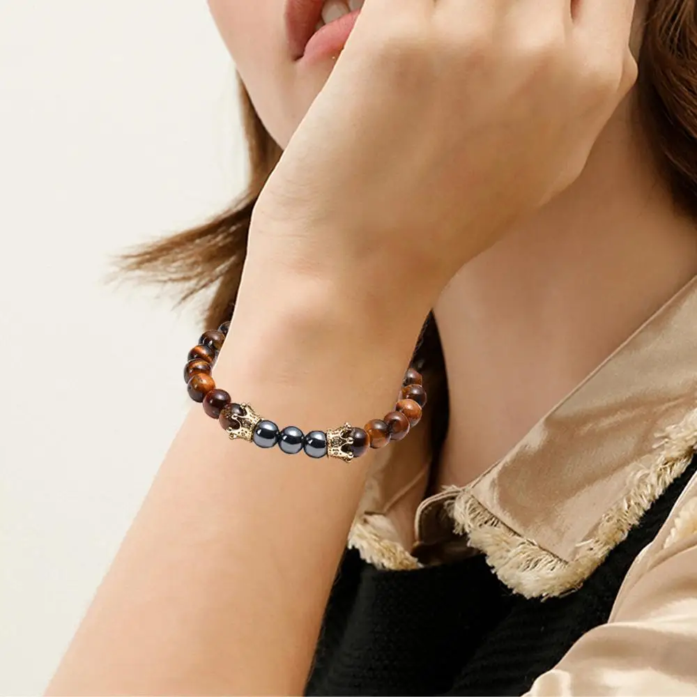 

HIYONG 2019 New Hematite Beads Bracelets for Women Crown Men Bracelet Lava Bracelet Tiger eye Handwork Elastic rope 6.7-8.2 inch