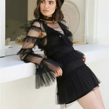 

New Women's Sexy Mesh Dresses Mini Lace patchwork Ruffles Perspective Pleated Aline Dress 2019 Designer Party Vacation Vestidos