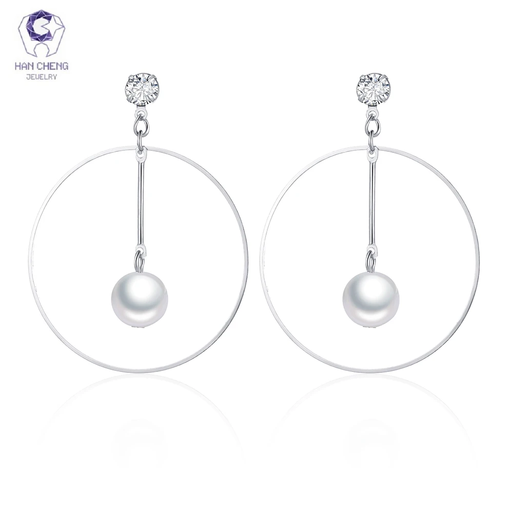 

HanCheng Silver Hanging Circle Earrings Big Round Earrings with Pearl Drop Earrings Jewelry Earrings For Women brincos bijoux