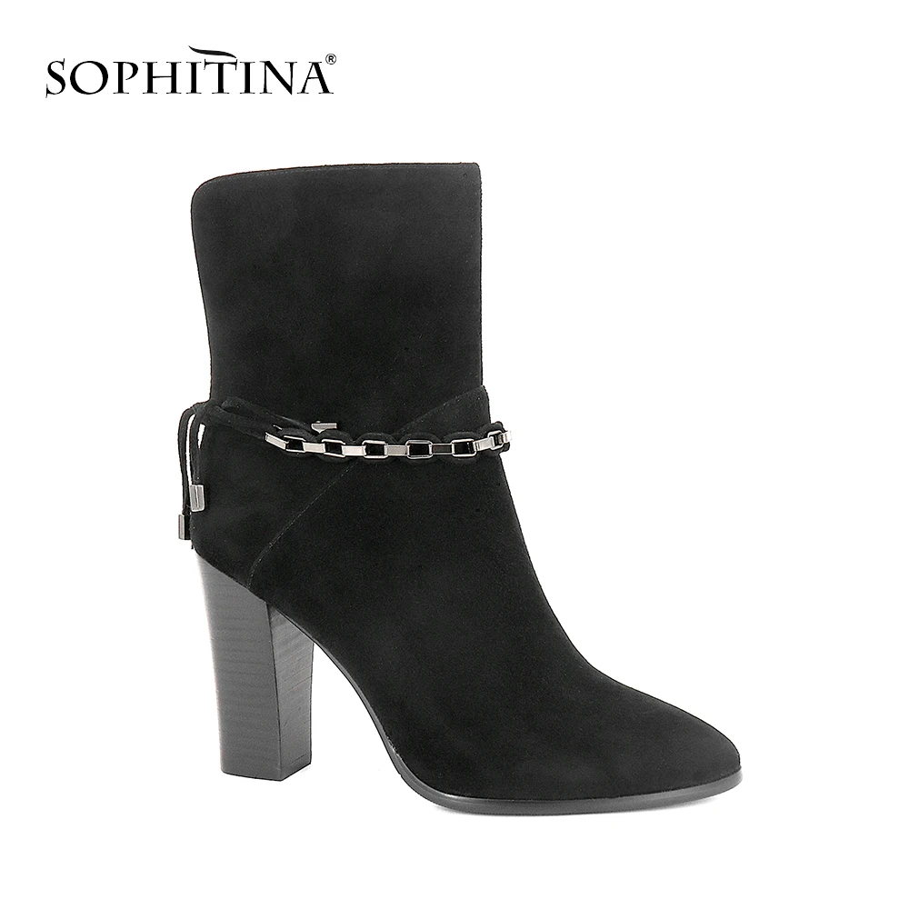 

SOPHITINA Fashion Chain Woman Boots Comfortable Square 10cm High Heels Black Gray Kid Suede Lady Shoes Round Toe Ankle Boots B93
