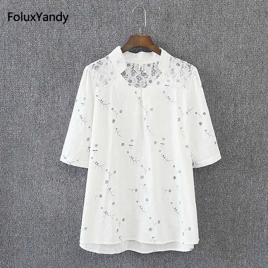 

White Lace Blouse Women Plus Size 3 4 XL V-neck Casual Half Sleeve Loose Print Blouses KK3045